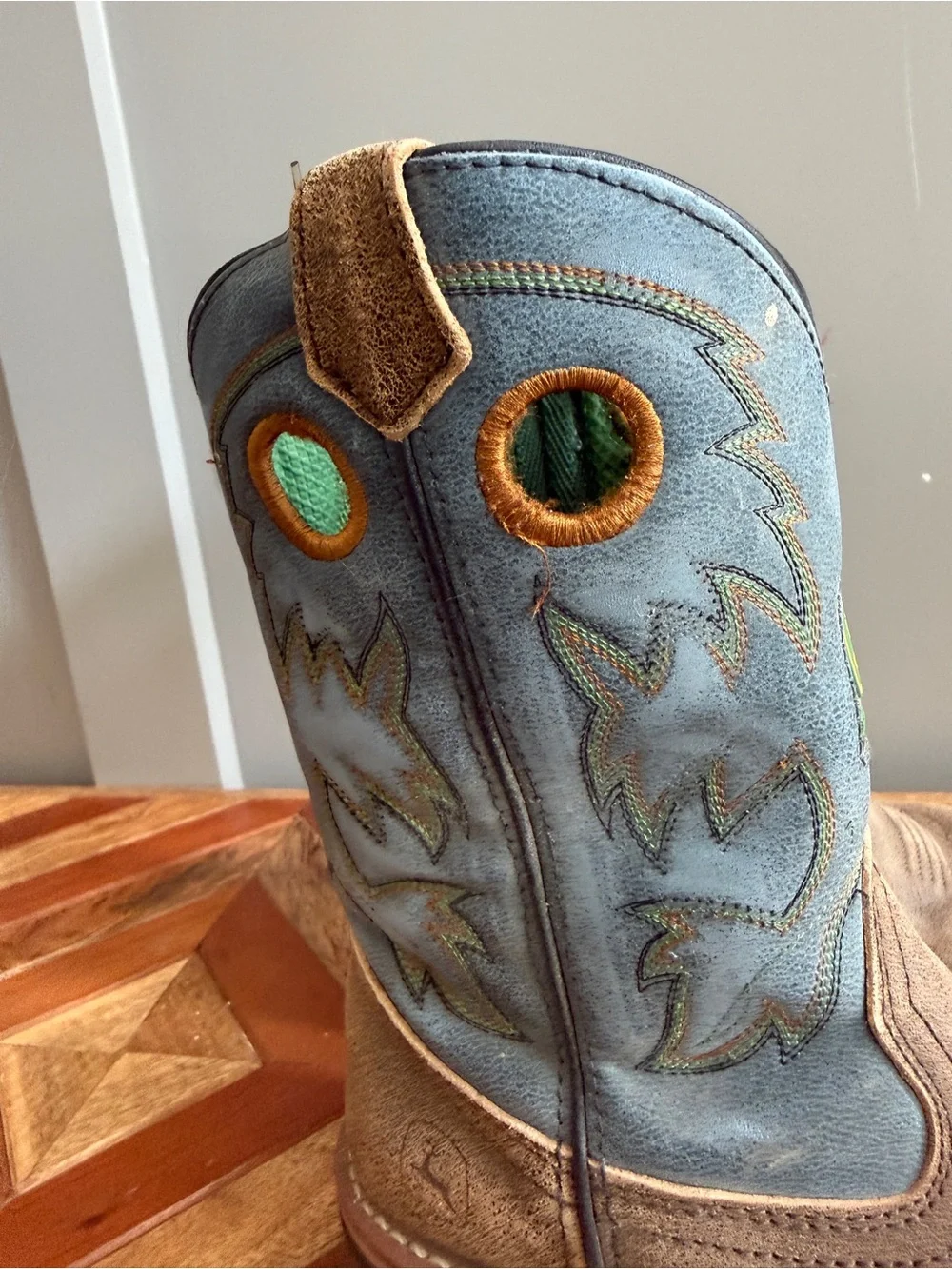 John Deere Leather Cowboy Boots Blue Upper Size Youth 4M